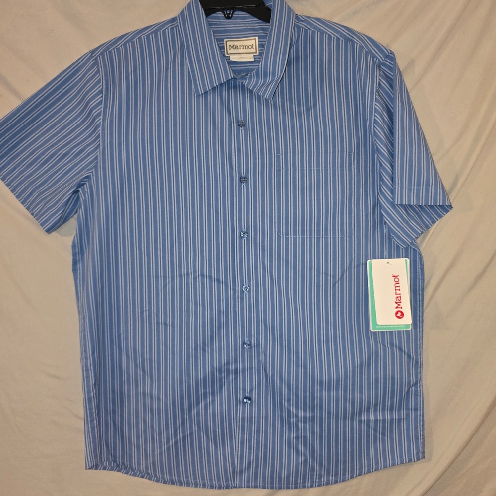 Marmot Arex Short Sleeve Shirt Large Mens Blue Striped UPF 40 Hiking M16075